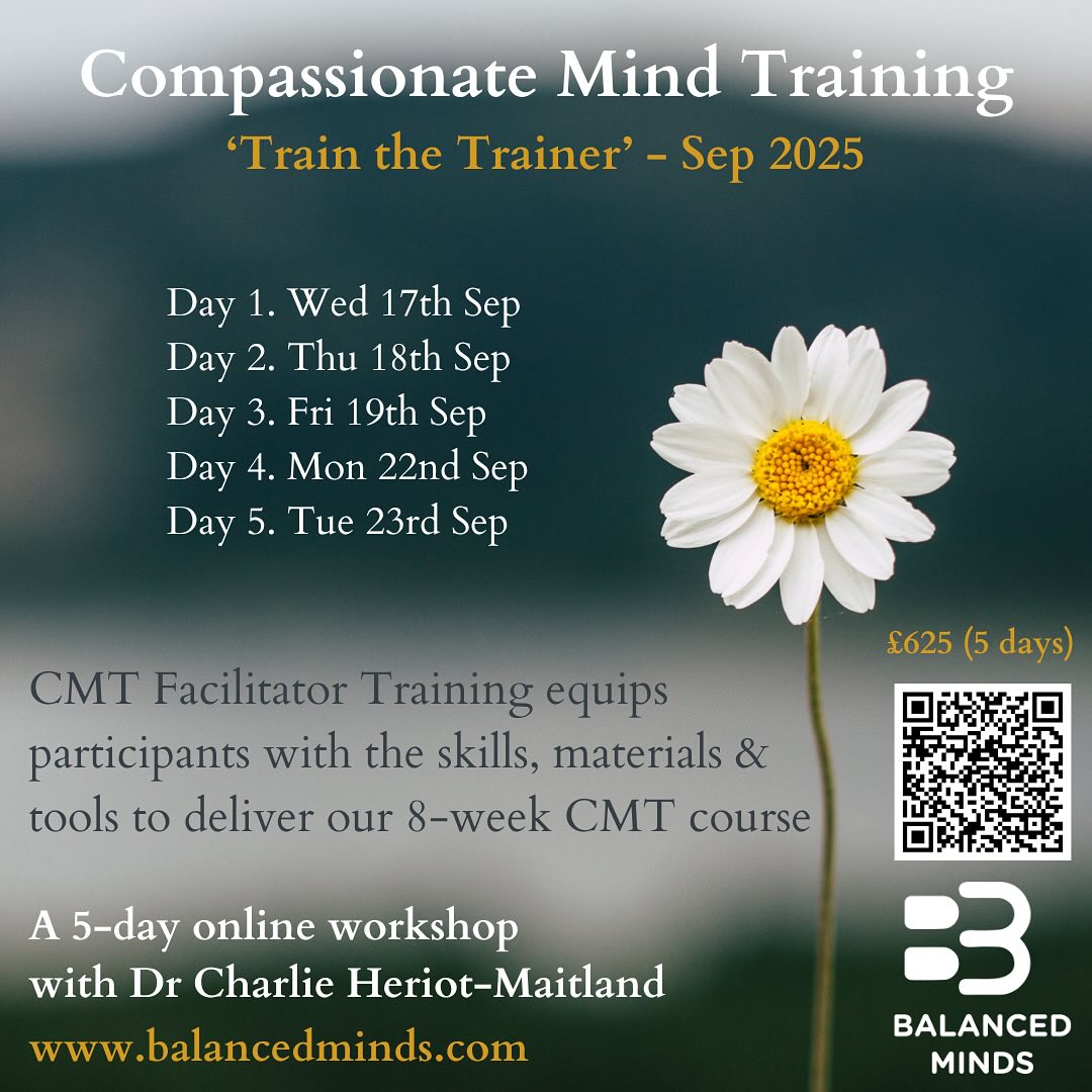 Want to run your own CMT 8-week courses? 

Our next ‘train-the-trainer’ workshop will be in September 2025, and this will be our seventh international cohort of CMT facilitators since we started offering this training pathway in 2021.

Find more details at www.balancedminds.com or by emailing info@balancedminds.com